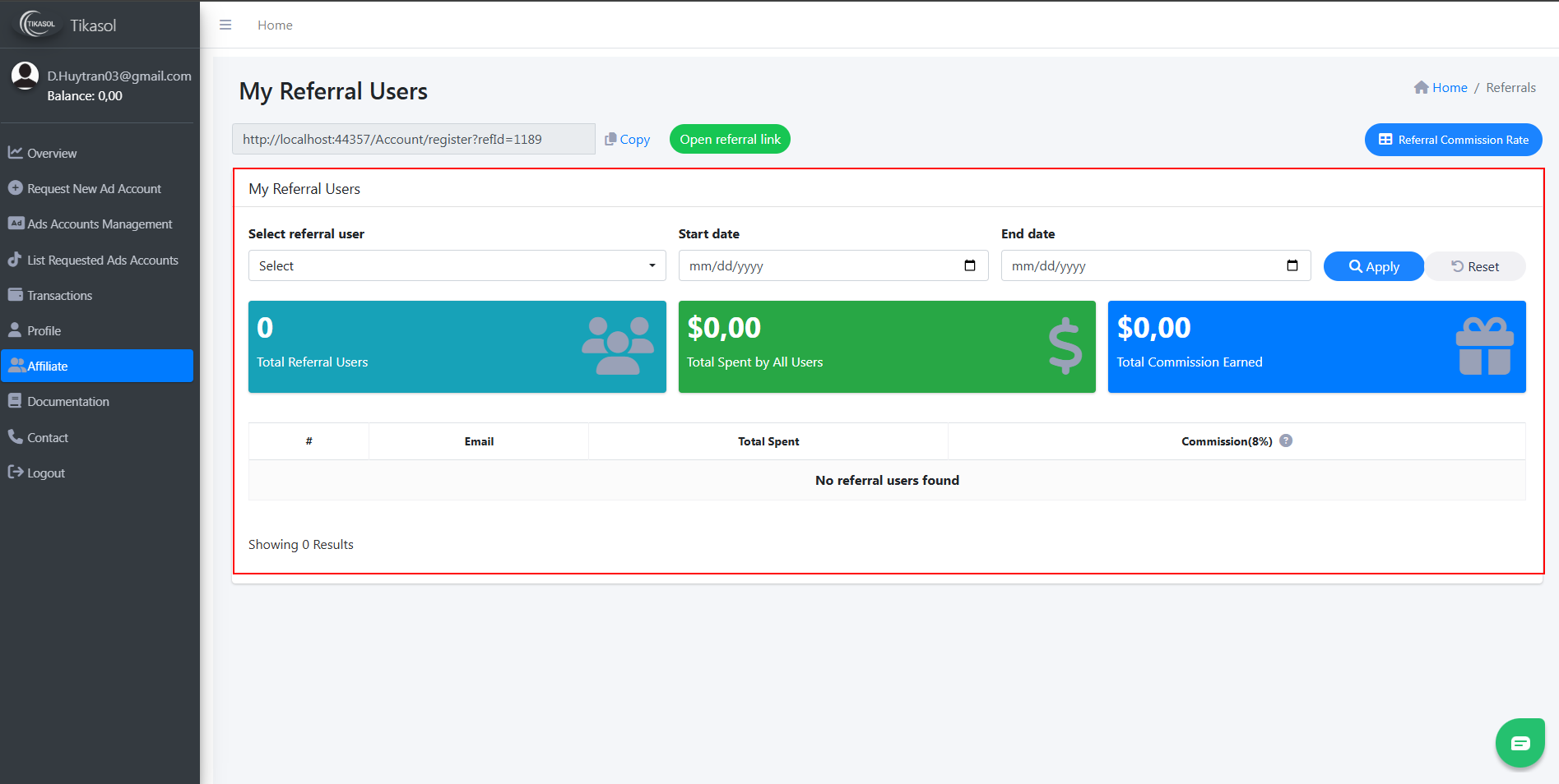 Tikasol My Referral Users Table