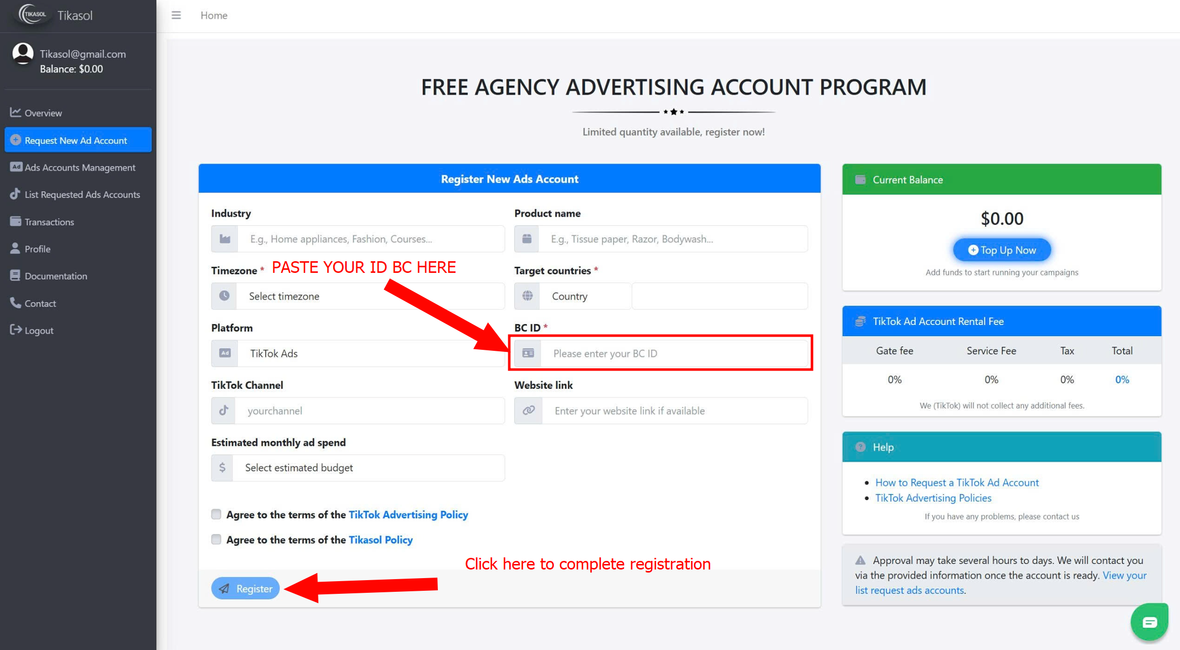 Tikasol TikTok Agency Ad Account Request Information - How to request a TikTok ad account, TikTok advertising account info, TikTok ad account support