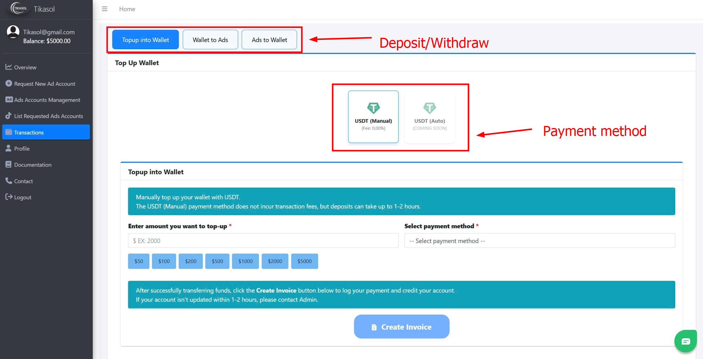 Tikasol TikTok Agency Wallet Transaction - TikTok ad account wallet transactions, TikTok advertising wallet payment history, TikTok agency wallet records