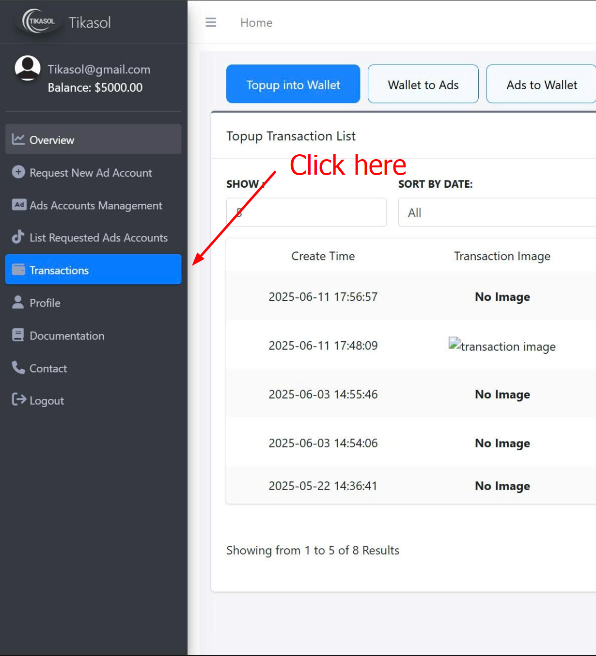 Tikasol TikTok Agency Transaction History - View TikTok ad account transactions, TikTok advertising payment history, TikTok agency transaction records