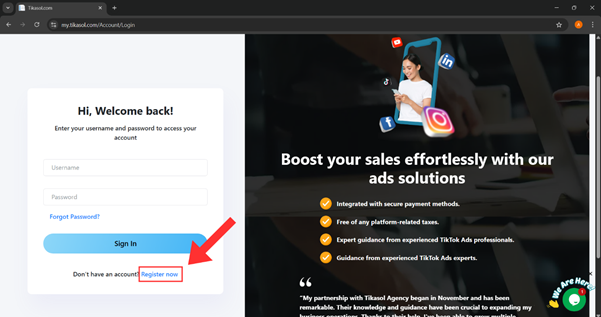 Tikasol TikTok Agency Login Page - Secure TikTok ad account login, user authentication, access TikTok advertising dashboard
